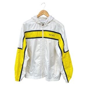 Vintage Y2K Nike Women's Center Swoosh White Yellow Hooded‎ Windbreaker Jacket L